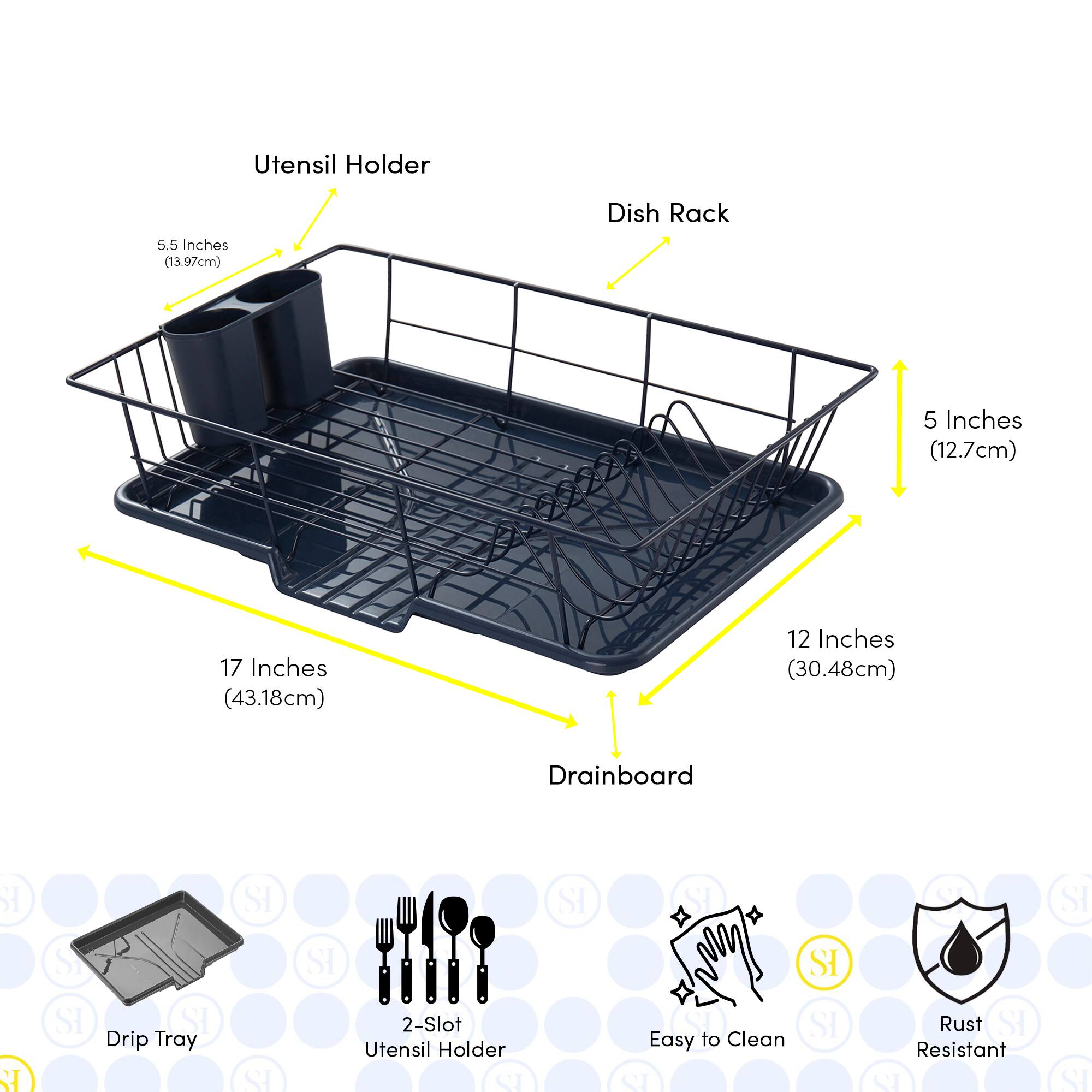 Utensil Holder: 5.5 Inches (13.97cm)  
Dish Rack: 5 Inches (12.7cm)  
Drainboard: 17 Inches (43.18cm) x 12 Inches (30.48cm)  

Features:  
- Drip Tray  
- 2-Slot Utensil Holder  
- Easy to Clean  
- Rust Resistant