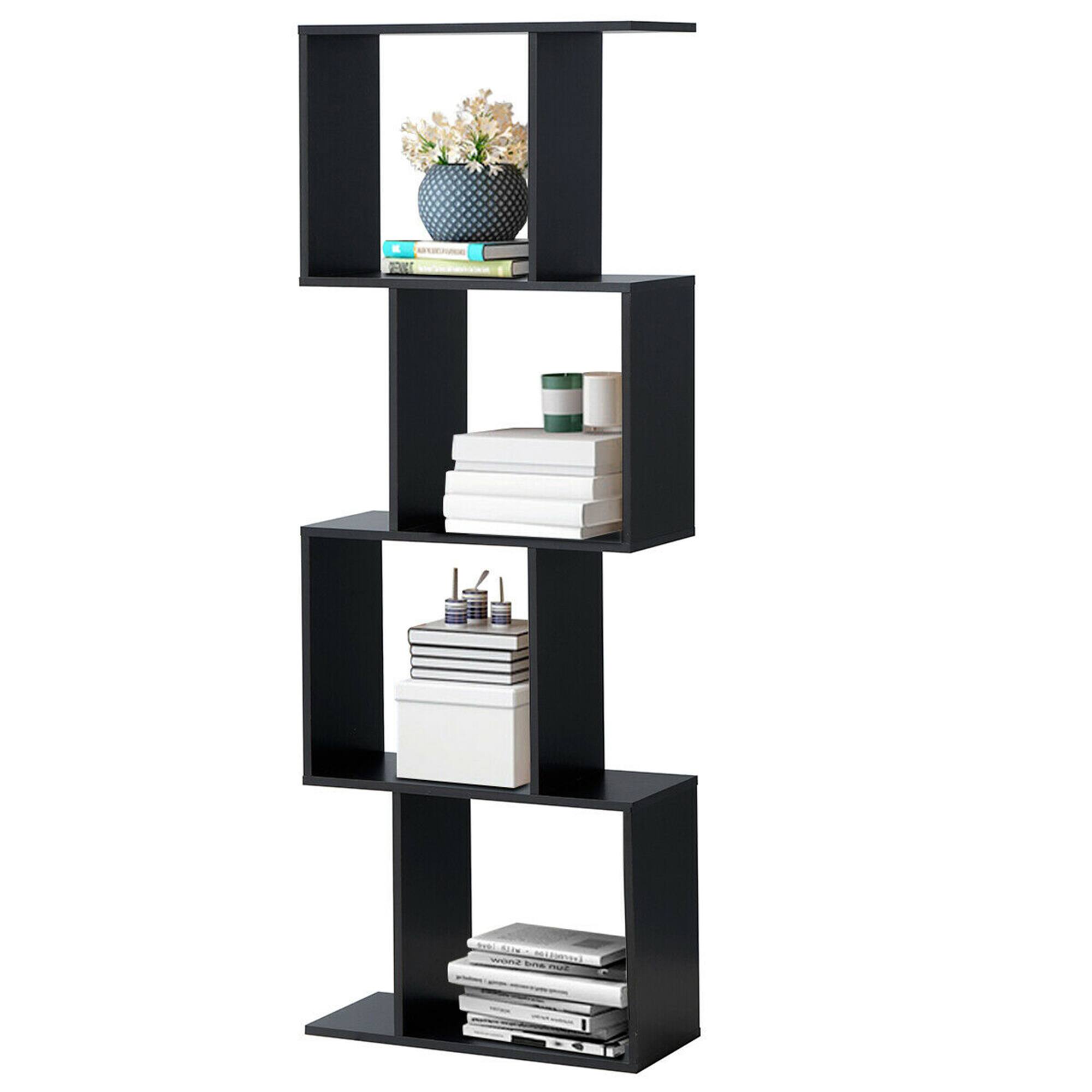 The image features a black bookshelf with three shelves. The shelves are filled with various items, including books, a vase, and a cup. There are five books on the shelves, with some placed on the top shelf and others on the middle and bottom shelves. Additionally, there is a vase on the top shelf and a cup on the middle shelf. The bookshelf is a functional and decorative piece of furniture, providing storage and display space for these items.