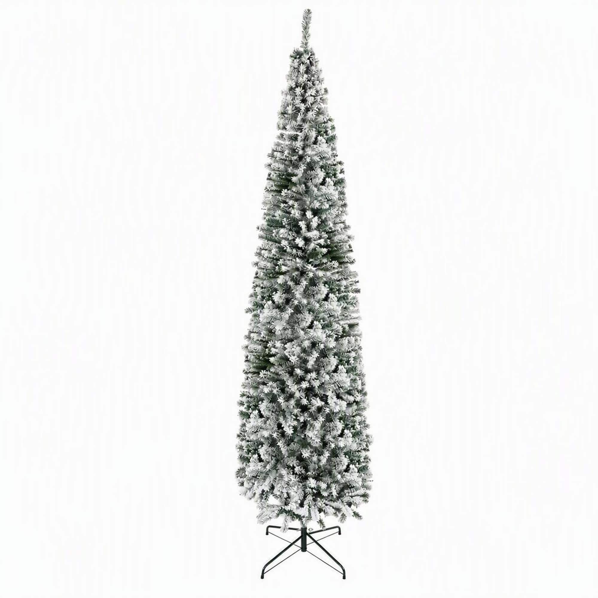 RYHNUYNE - 9Ft Flocked Pencil Artificial Christmas Tree, Faux Snow Realistic Branches Bendable Design Indoor Holiday Home Decor - Green