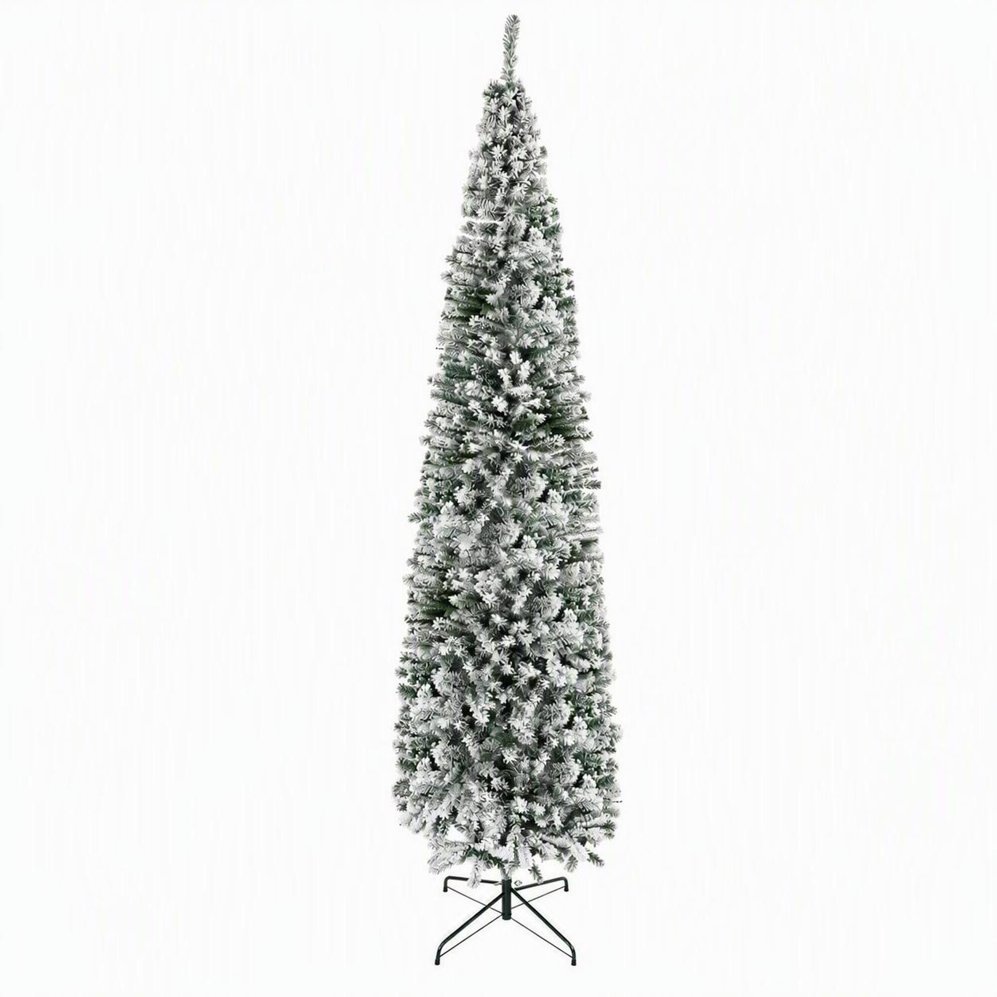 Front. RYHNUYNE - 9Ft Flocked Pencil Artificial Christmas Tree, Faux Snow Realistic Branches Bendable Design Indoor Holiday Home Decor - Green.