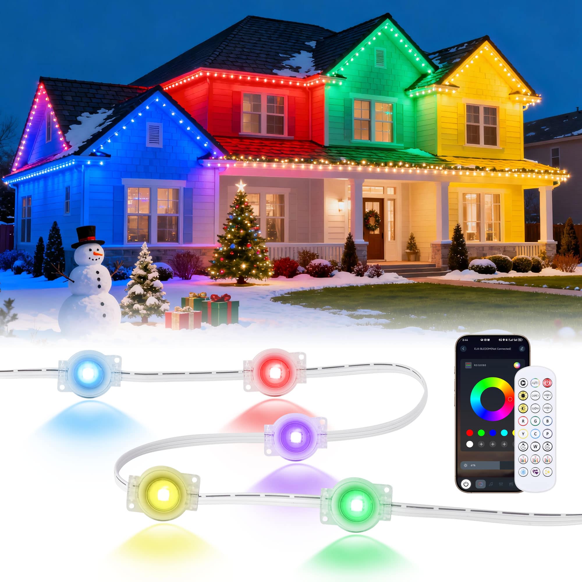 Unique Bargains - Permanent Outdoor Lights 100FT RGB Christmas Lights with 50 LED App/Remote Control 33 Scene Modes 216 Lighting Modes - White