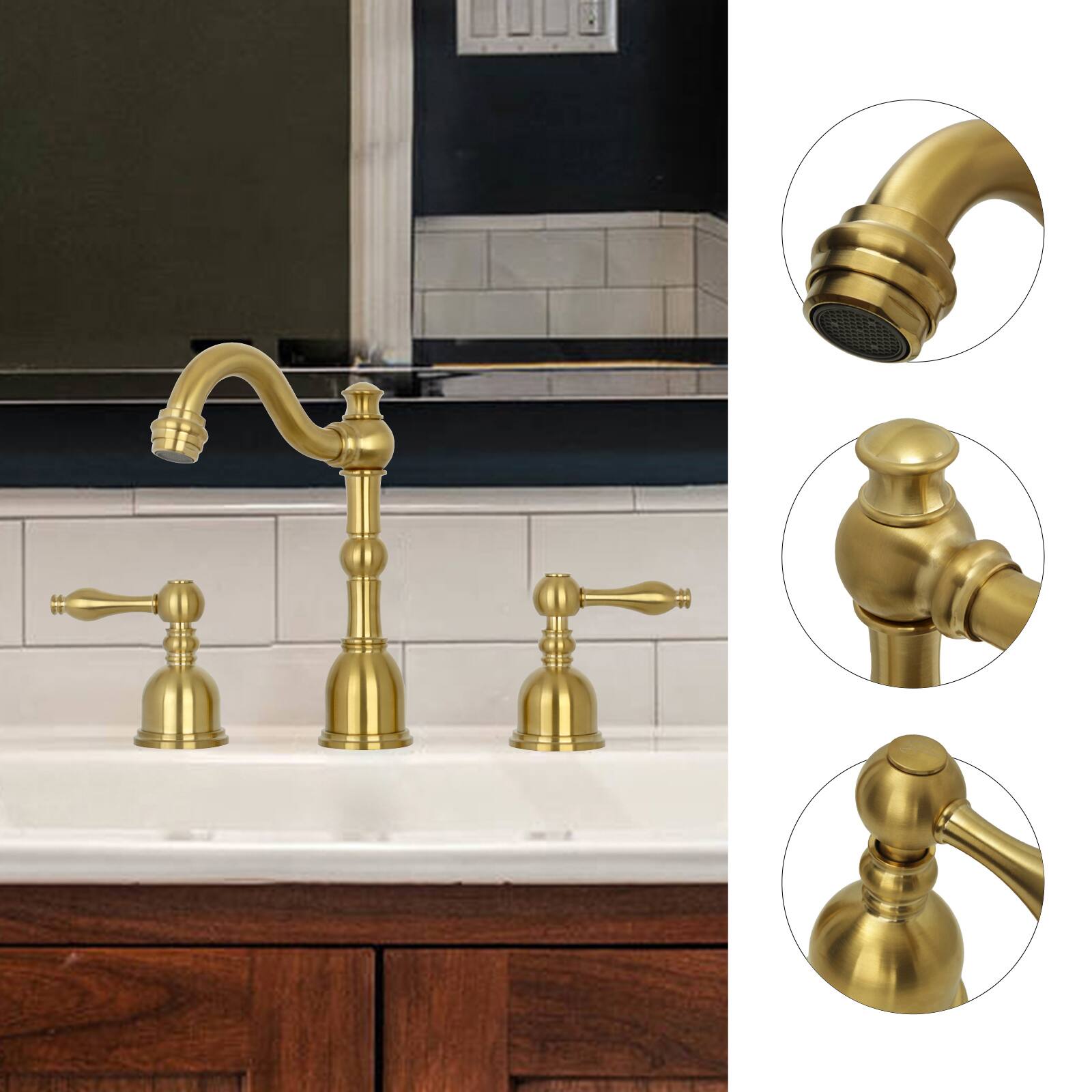 Alt View 2. Akicon - Akicon 8 inch Two-Handles Widespread Bathroom Sink Faucet in Brushed Gold - Brushed Gold.