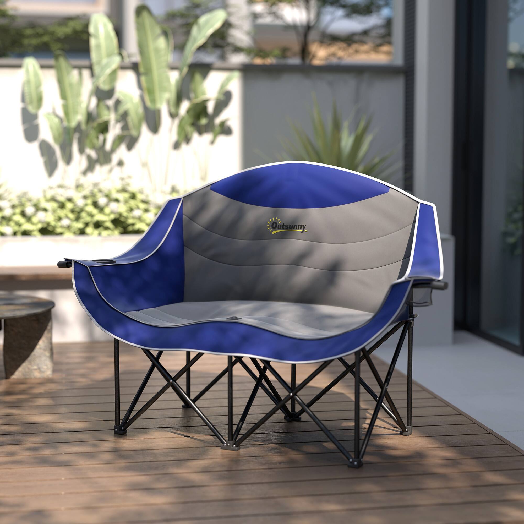 Alt View 8. Outsunny - Double Camping Chair for Adults, Padded Folding Camp Chair for 2 Person with Armrest, Wine Glass Holder, Cup Holder - Blue.