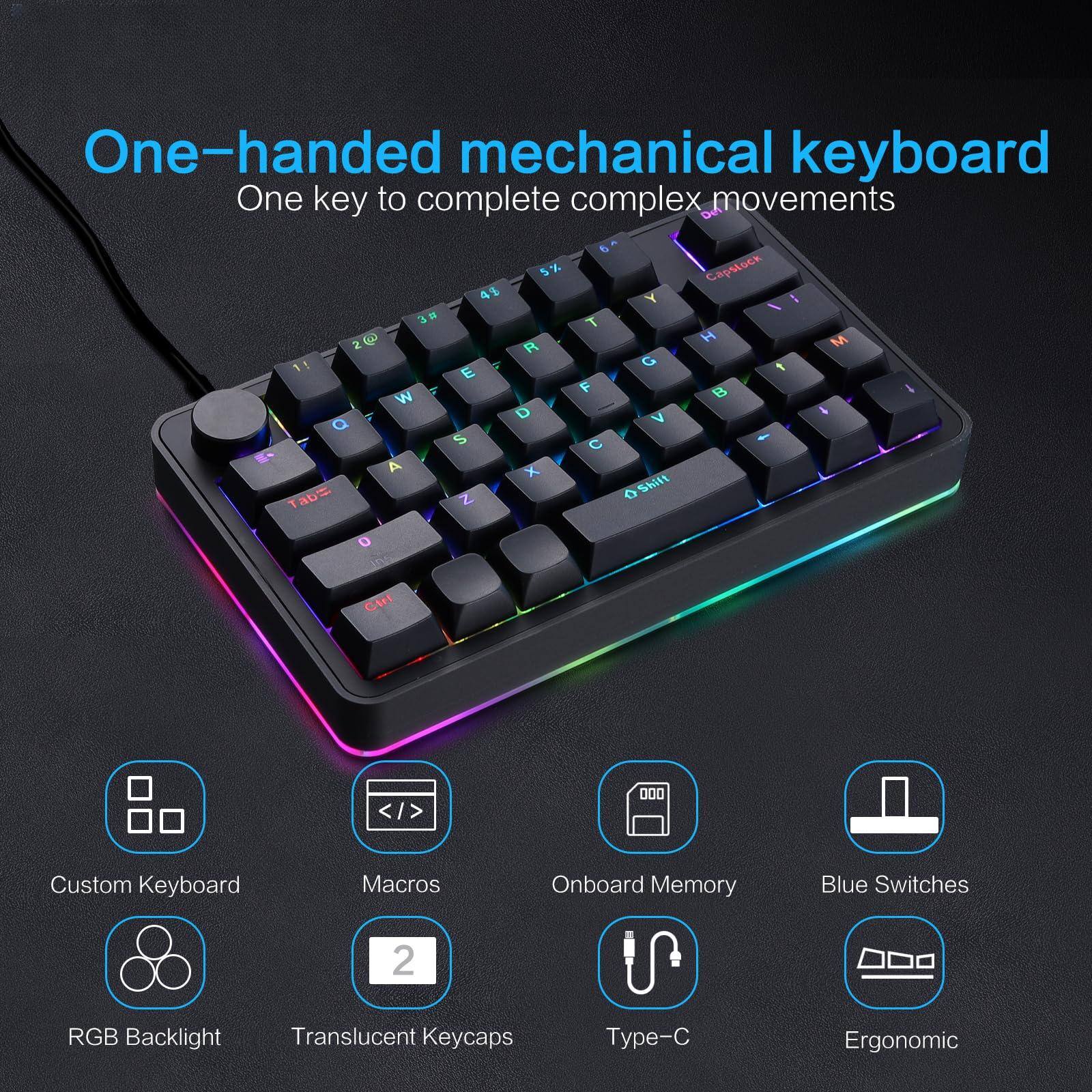 One-handed mechanical keyboard  
One key to complete complex movements  

- Custom Keyboard Macros  
- Onboard Memory  
- RGB Backlight  
- Translucent Keycaps  
- Type-C  
- Ergonomic  

- Blue Switches