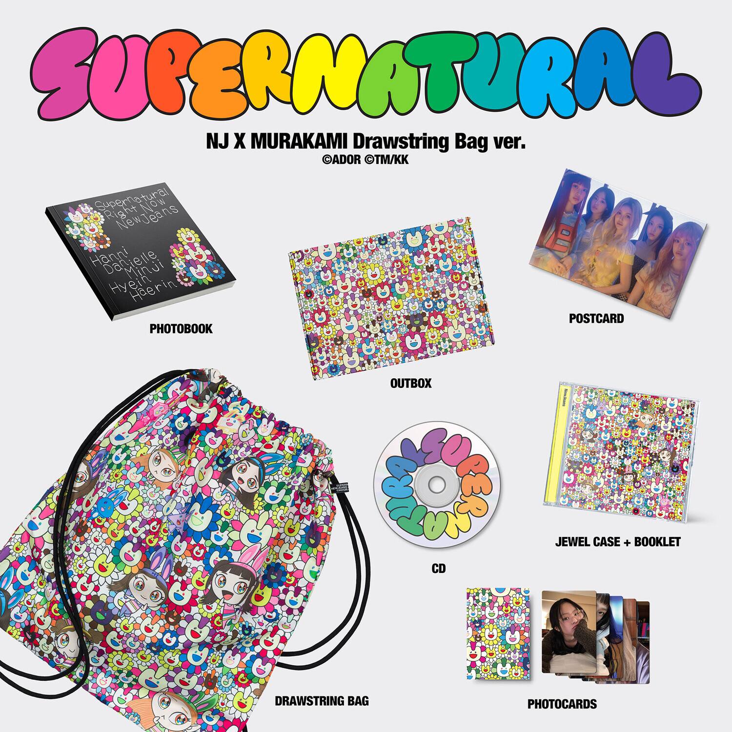 Sure, here is the corrected and grouped text from the image:
---
**SUPERNATURAL**
NJ X MURAKAMI Drawstring Bag ver.
© ADOR TM/KK
- **PHOTOBOOK**
Supernatural
NewJeans
Hanni DaMielle Mindi Hyein Haerin
- **POSTCARD**
- **OUTBOX**
- **CD**
- **DRAWSTRING BAG**
- **JEWEL CASE + BOOKLET**
- **PHOTOCARDS**
---