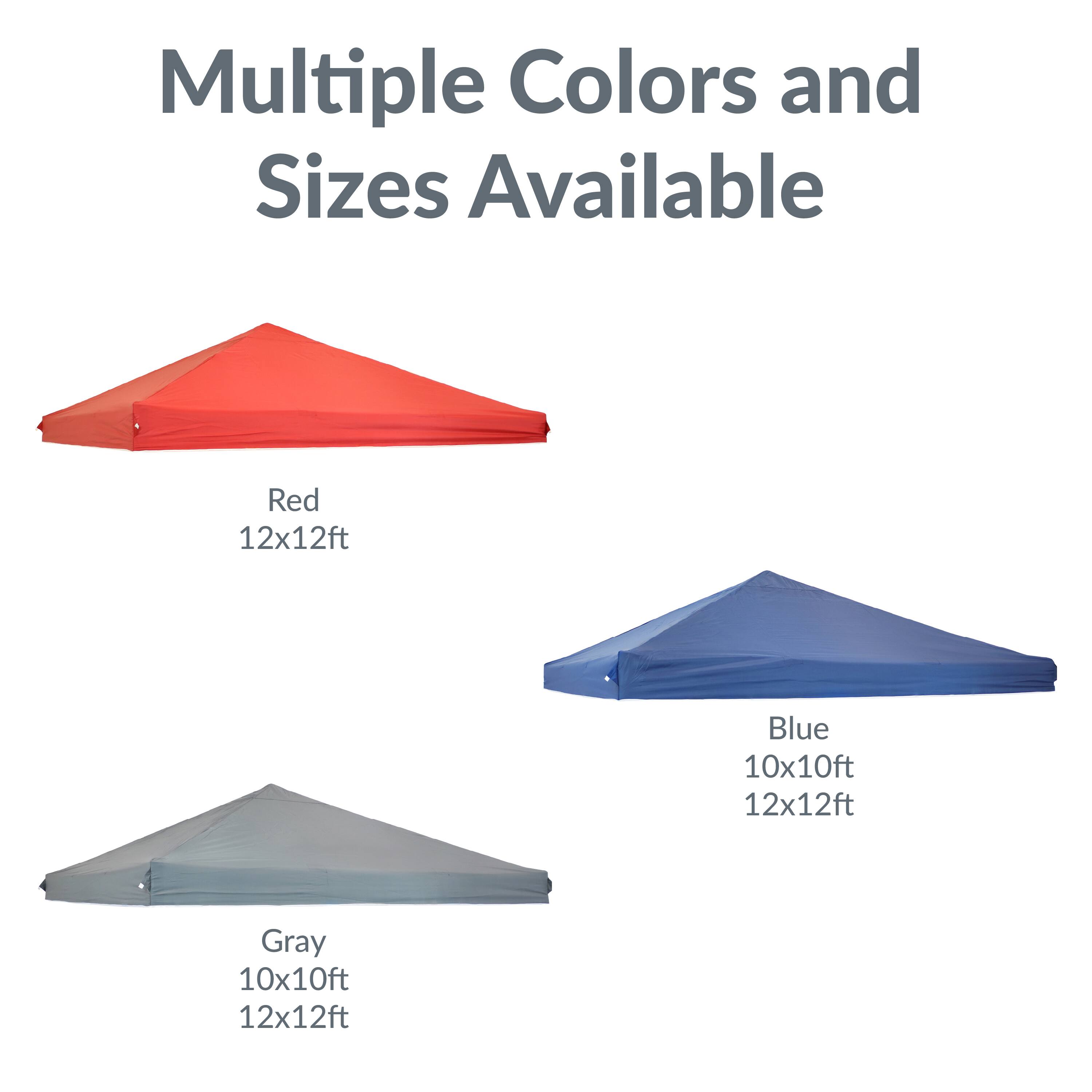 Multiple Colors and Sizes Available

Red  
12x12ft

Blue  
10x10ft  
12x12ft

Gray  
10x10ft  
12x12ft