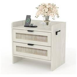 GARVEE - Rattan Nightstand, Bedside Table with Type-C Charging Station - 2 Storage Drawer Space, 1pcs - White