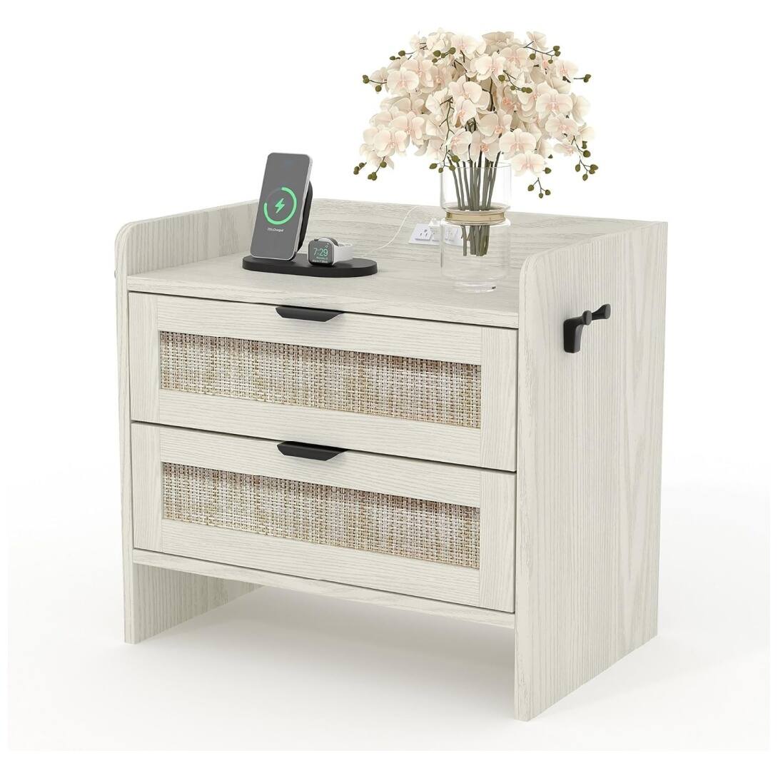 Front. GARVEE - Rattan Nightstand, Bedside Table with Type-C Charging Station - 2 Storage Drawer Space, White 1pcs - White.