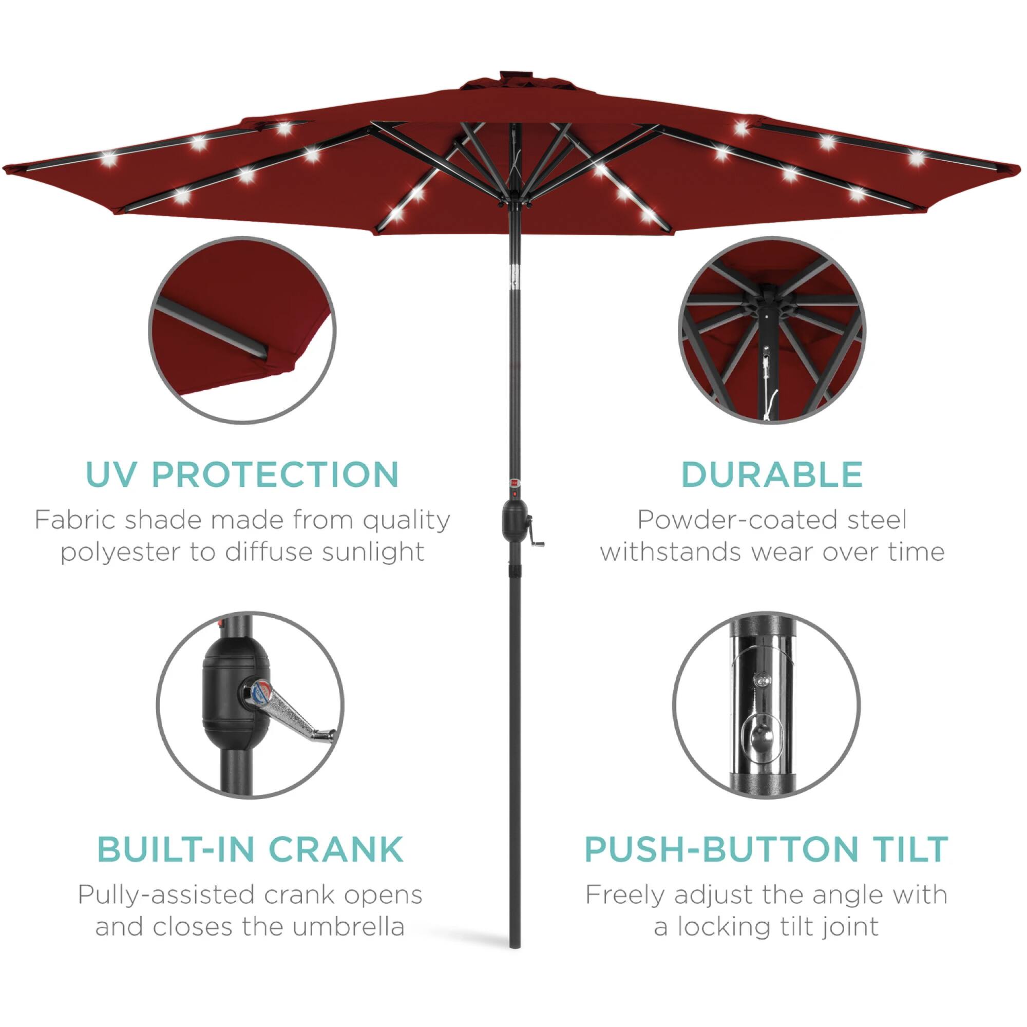 UV Protection: Fabric shade made from quality polyester to diffuse sunlight.  
Durable: Powder-coated steel withstands wear over time.  
Built-in Crank: Pulley-assisted crank opens and closes the umbrella.  
Push-button Tilt: Freely adjust the angle with a locking tilt joint.