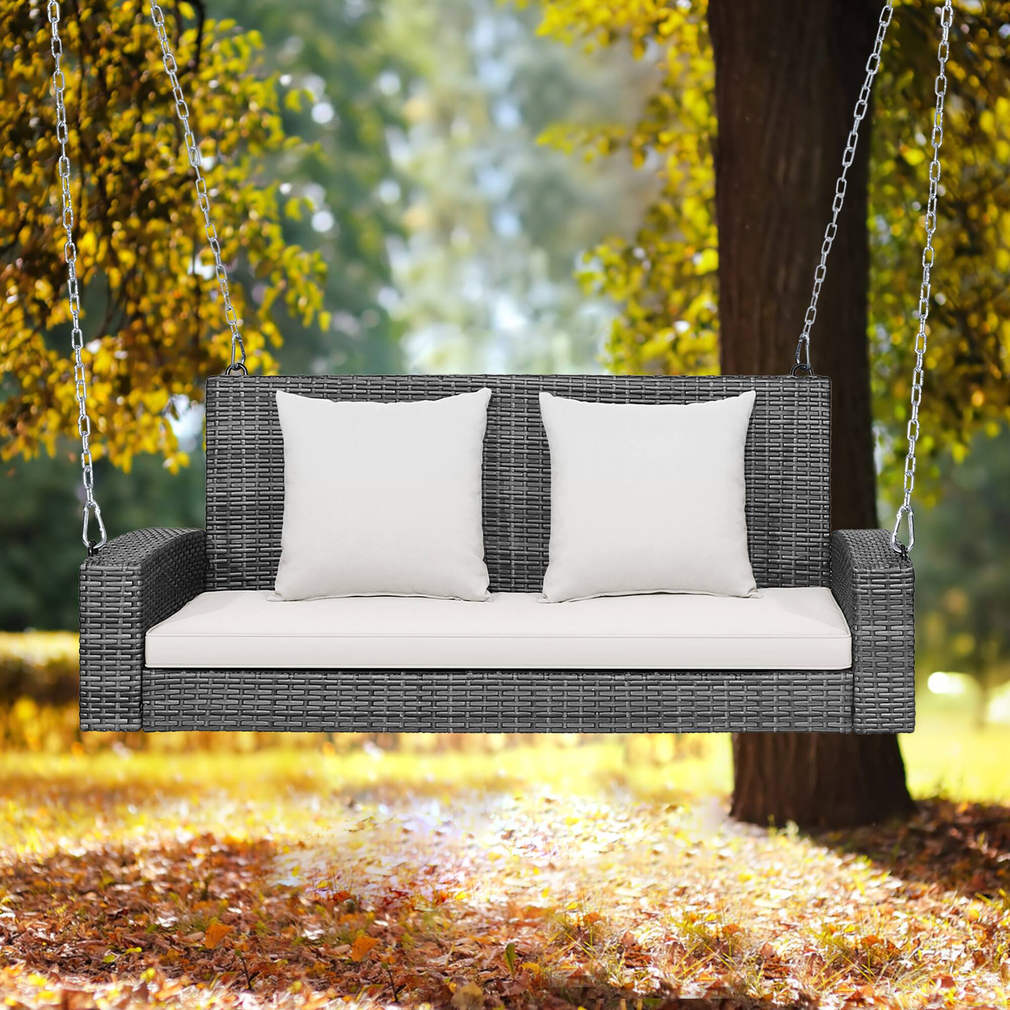 Alt View 8. Costway - Costway 2-Person Patio PE Wicker Hanging Porch Swing Bench Chair with Cushion - Off White.