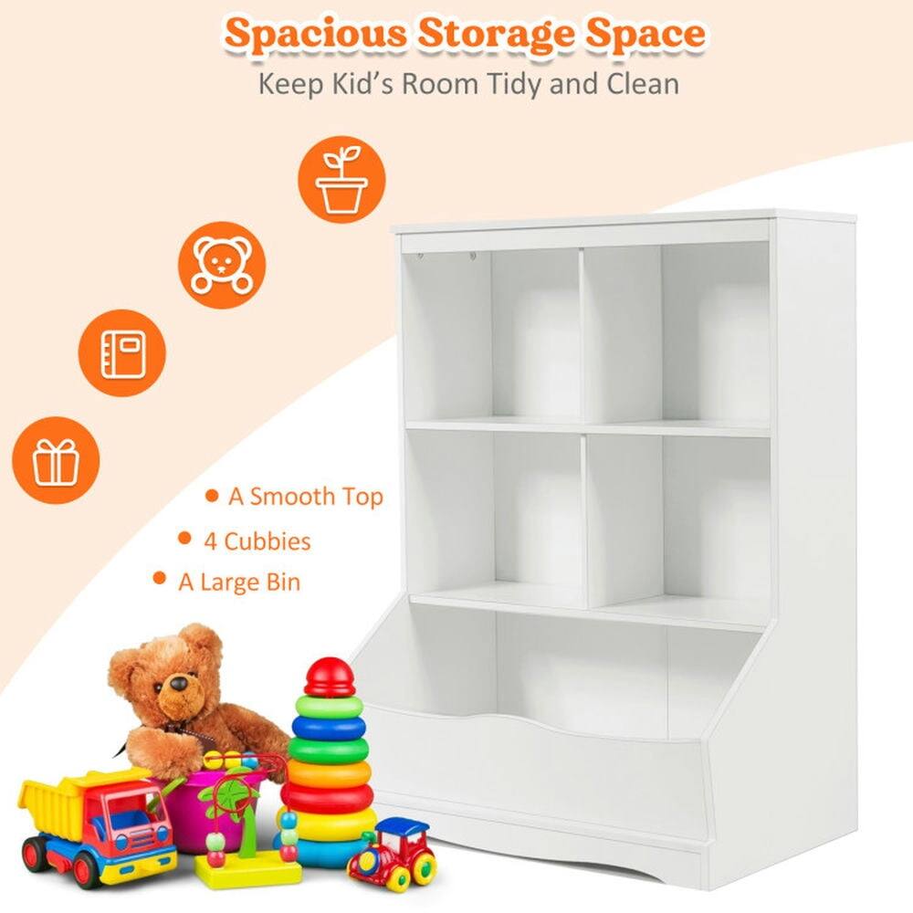 Spacious Storage Space  
Keep Kid's Room Tidy and Clean  

- A Smooth Top  
- 4 Cubbies  
- A Large Bin