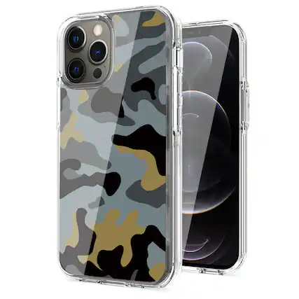 Front. Reiko - Camouflage Dual Layer Hybrid Hard Plastic And Soft Tpu Rubber Case Cover For Apple Iphone 12/Iphone 12 Pro In Blue - Blue.