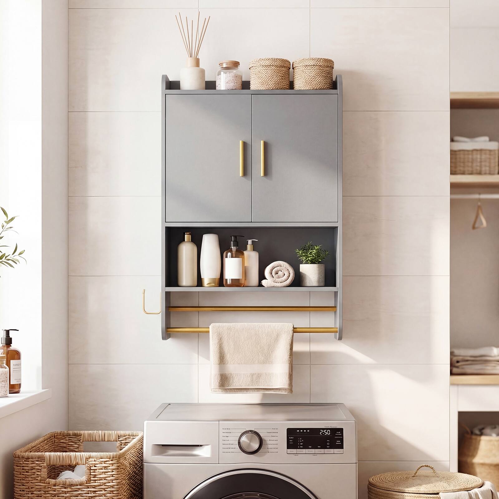 Alt View 5. Costway - Costway Bathroom Wall Cabinet with Towel Bars Toilet Paper Holder Open Shelves for Laundry - Gray.