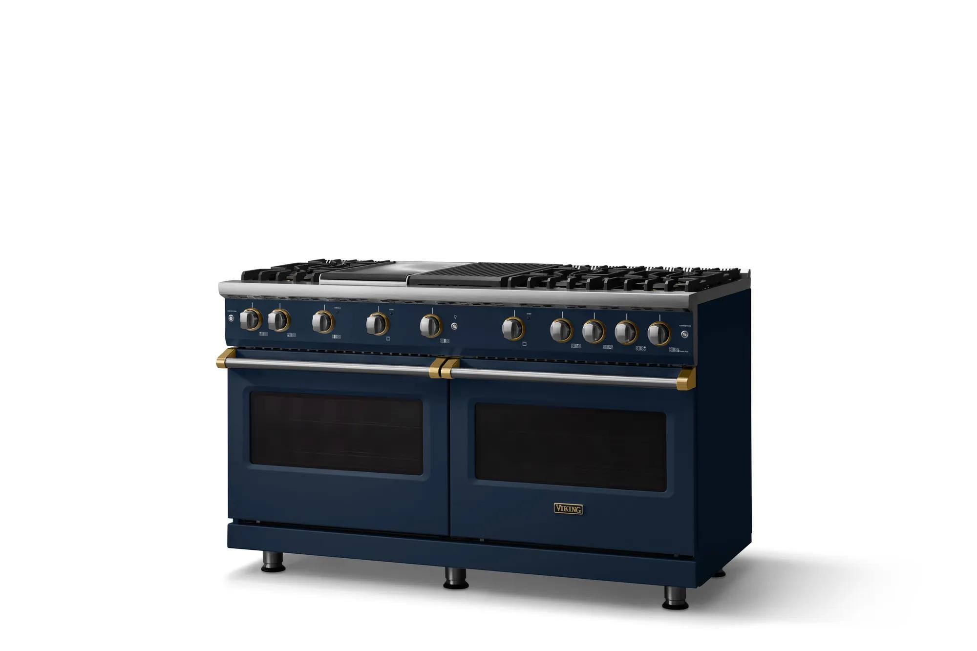 Angle. Viking - 60 in. Wide 6 Burner Pro 5 Series 8.0 Cu. Ft. Freestanding Sealed Burner LP Gas Convection Range with Brushed Brass Trim - Slate Blue.