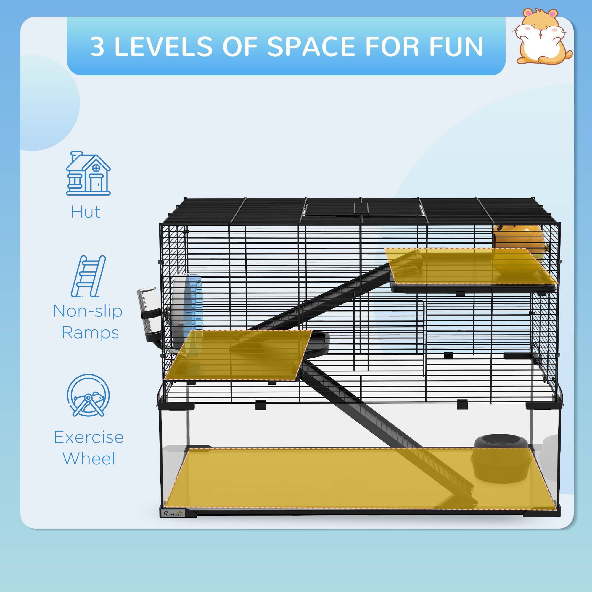 3 LEVELS OF SPACE FOR FUN

- Hut
- Non-slip Ramps
- Exercise Wheel