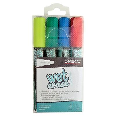 Chisel 1.5mm  
deflecto®  
wet erase  
4 colors  
Made for writing on gloss, plastic, glass, and more.  
Non-toxic and water-based.  
Conforms to ASTM D-4236  
Clean easily with water.