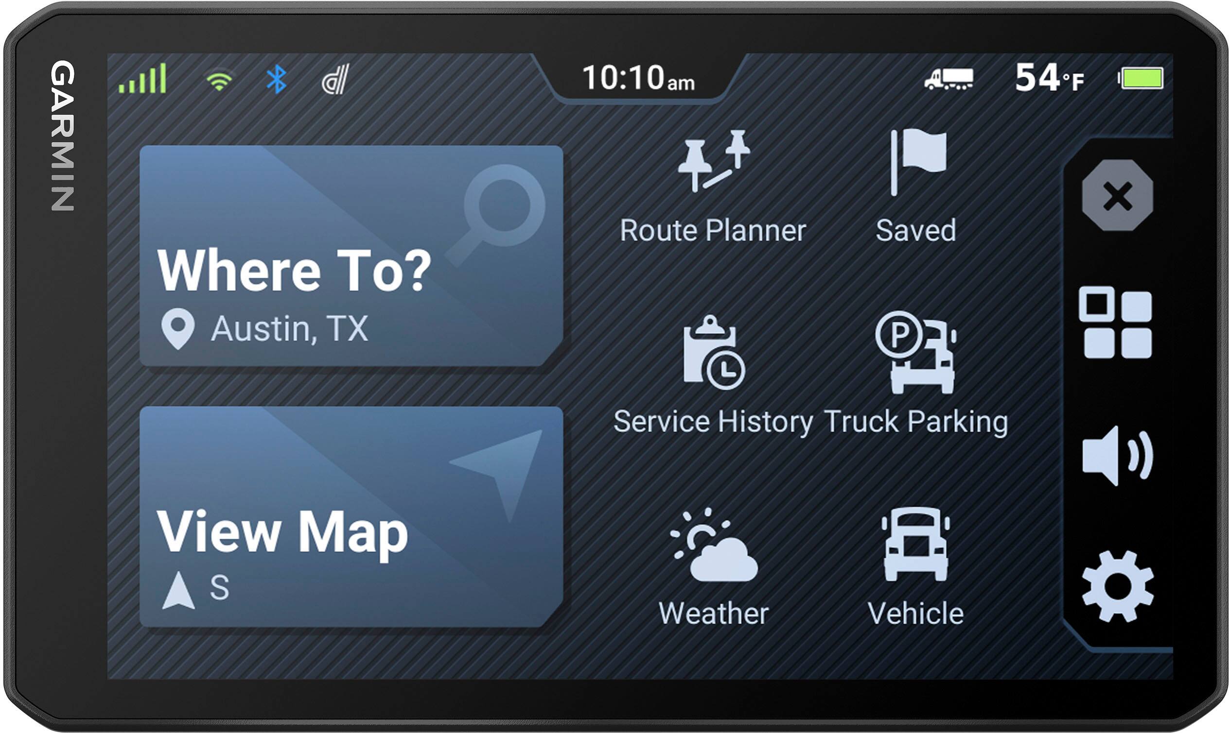 GARMIN Where to? Austin, TX 10:10am Route Planner L Saved P 54F X Service History Truck Parking View Map S Weather Vehicle