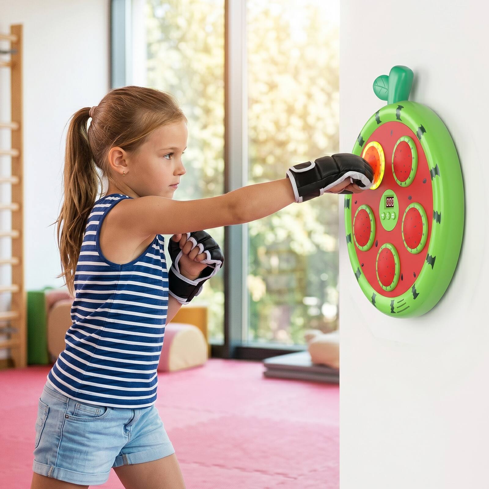 Alt View 6. Topteng - Watermelon Music Boxing Machine with Bluetooth, LED Lights, 3 Game Modes, Wall Mount Punching Target for Kids&Family Fun - Green.