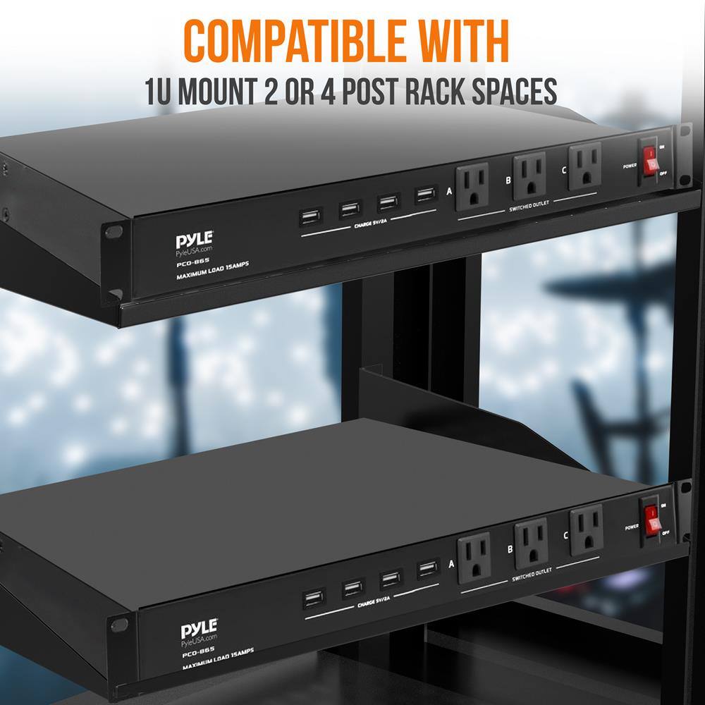 COMPATIBLE WITH  
1U MOUNT 2 OR 4 POST RACK SPACES  

PYLE  
PyleUSA.com  
PCO-86S  
MAXIMUM LOAD 15AMPS  

PYLE  
PyleUSA.com  
PCO-86S  
MAXIMUM LOAD 15AMPS