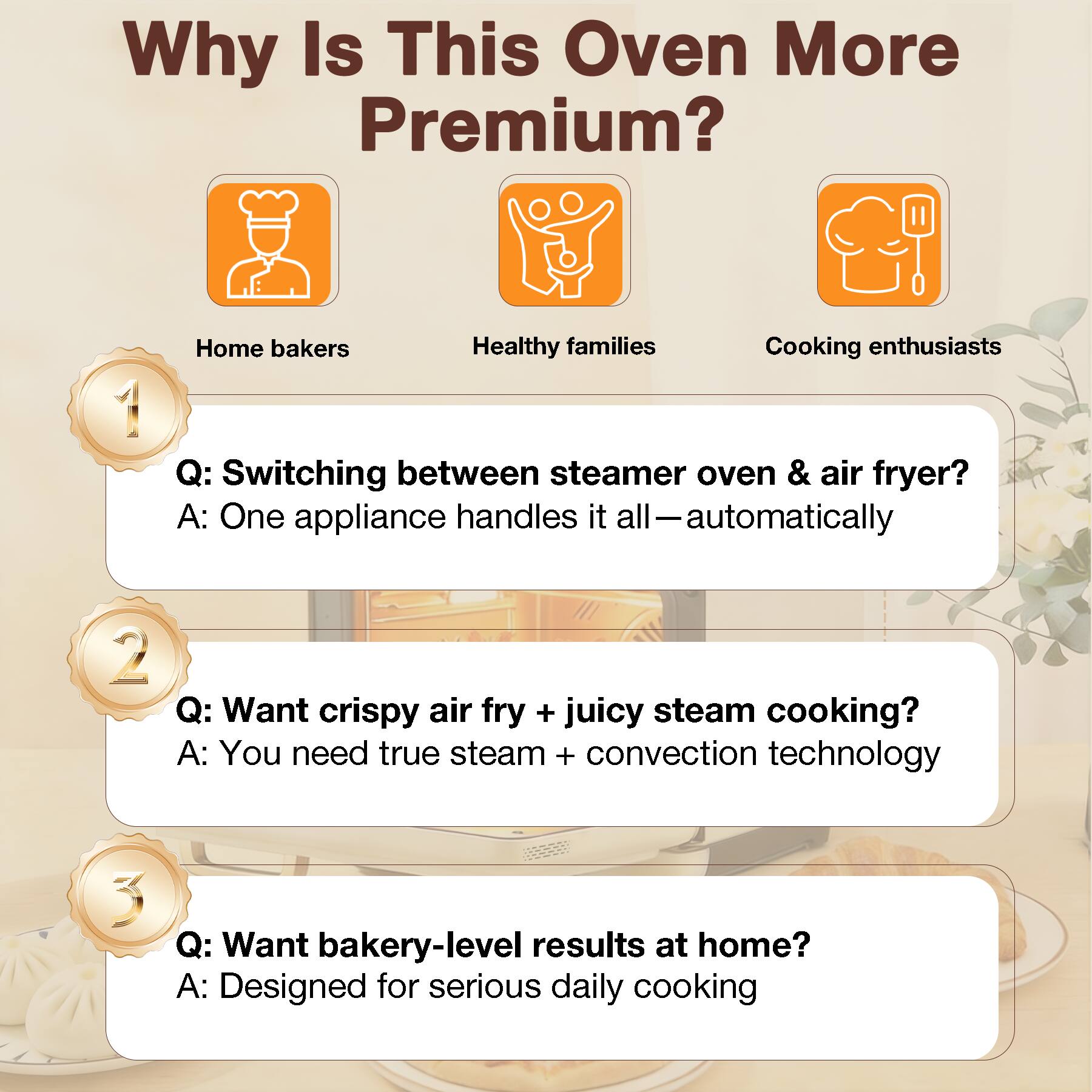 Why Is This Oven More Premium?

Home bakers
Healthy families
Cooking enthusiasts

1. Q: Switching between steamer oven & air fryer?
   A: One appliance handles it all—automatically

2. Q: Want crispy air fry + juicy steam cooking?
   A: You need true steam + convection technology

3. Q: Want bakery-level results at home?
   A: Designed for serious daily cooking