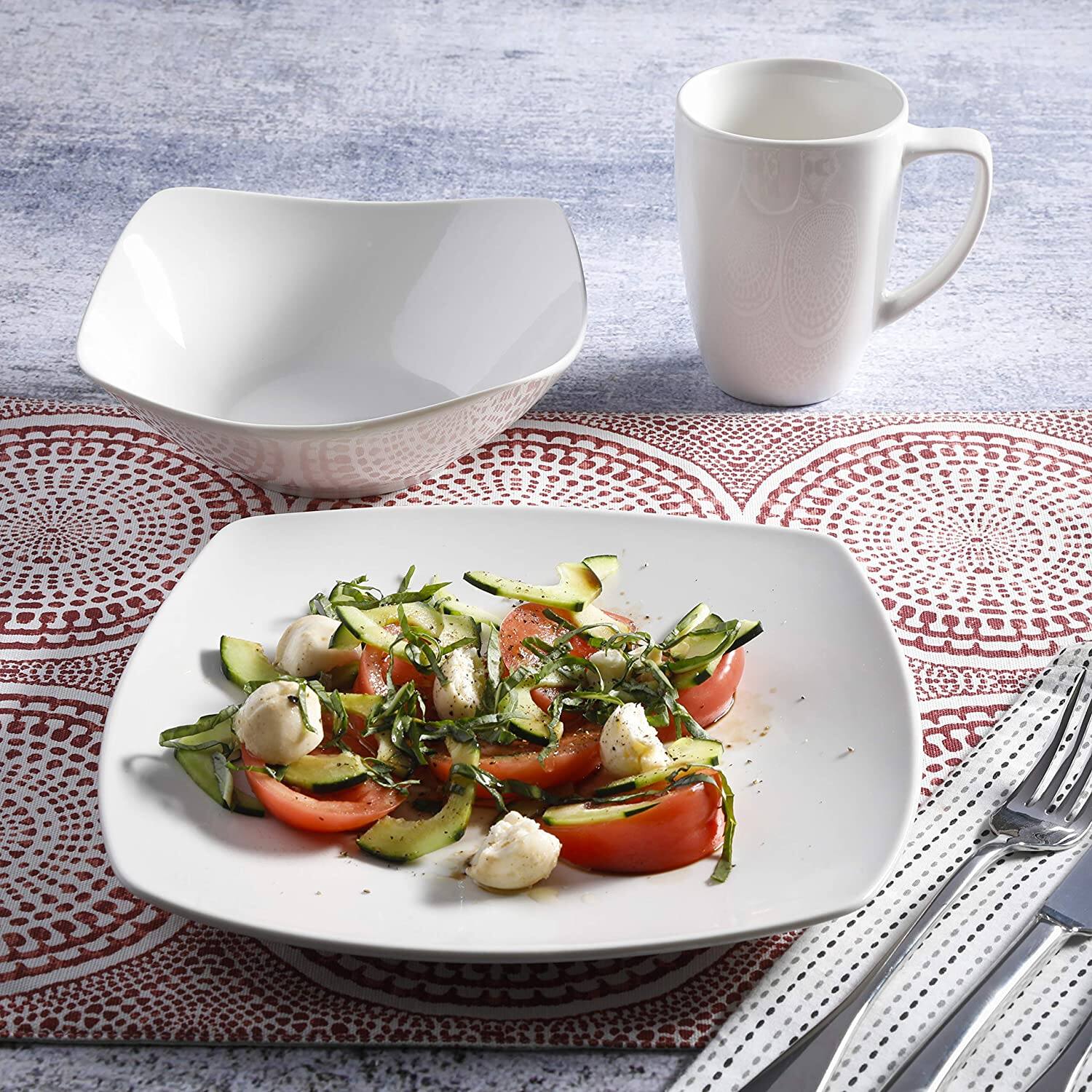 Alt View 4. Gibson - Gibson Zen Buffetware 12 Piece Square Dinnerware Plate, Bowl, & Mug Set, White - White (Soft Square).