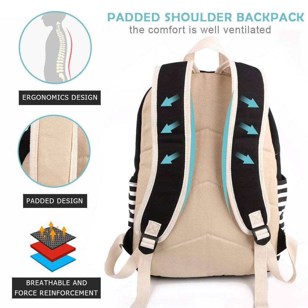 Left. Stamp n Camp - Backpacks For Women Teen  Big Large Capacity Book Bag With Usb Port Cute Canvas Bookpack  durable Black Stripe Backpack - Black 3 Set.