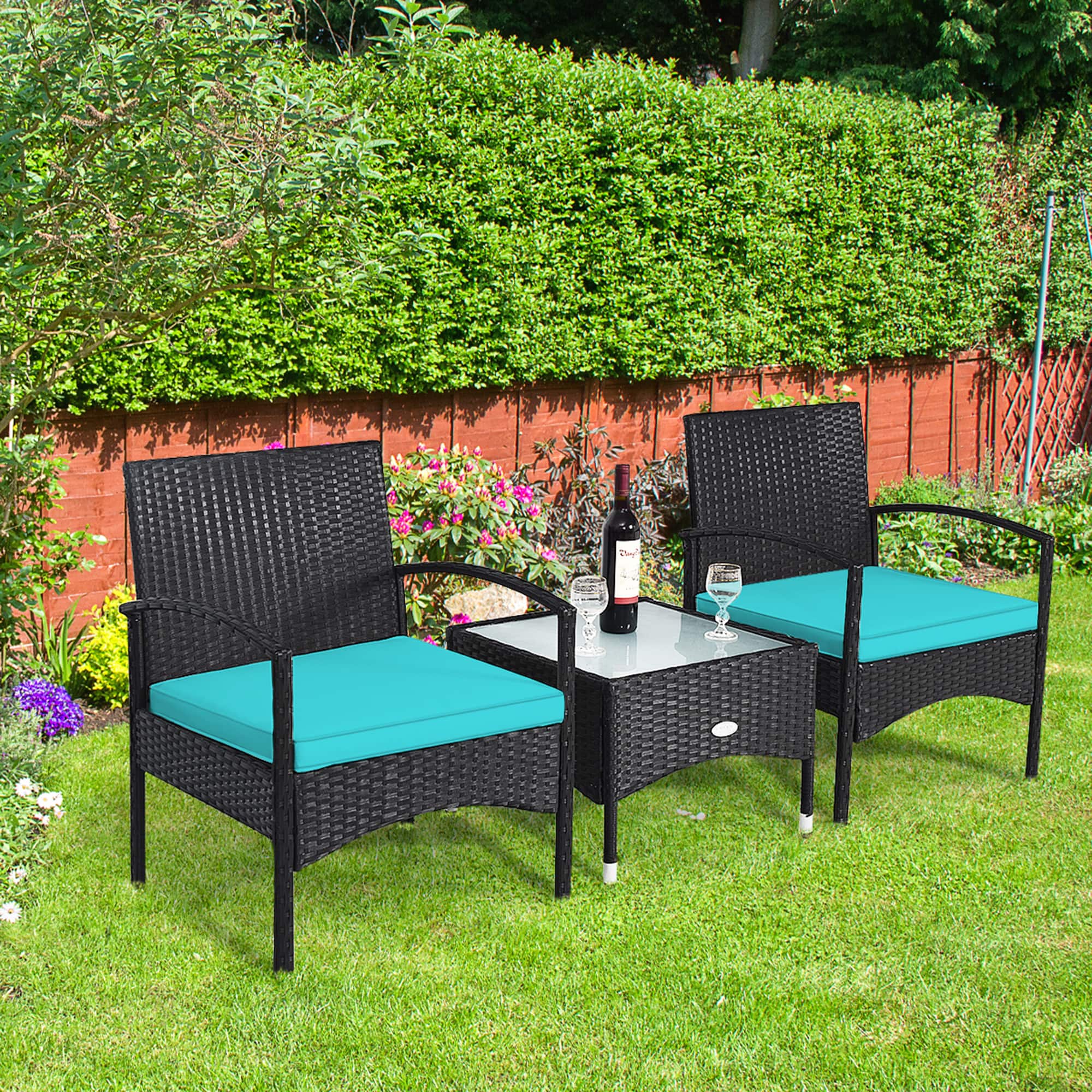 Gymax - 3 PCS Patio Wicker Rattan Furniture Set Coffee Table & 2 Rattan Chair w/ Cushion - Turquoise price history on PriceWatchPro