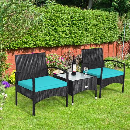 Front. Gymax - Gymax 3 PCS Patio Wicker Rattan Furniture Set Coffee Table & 2 Rattan Chair w/ Cushion Turquoise - Turquoise.