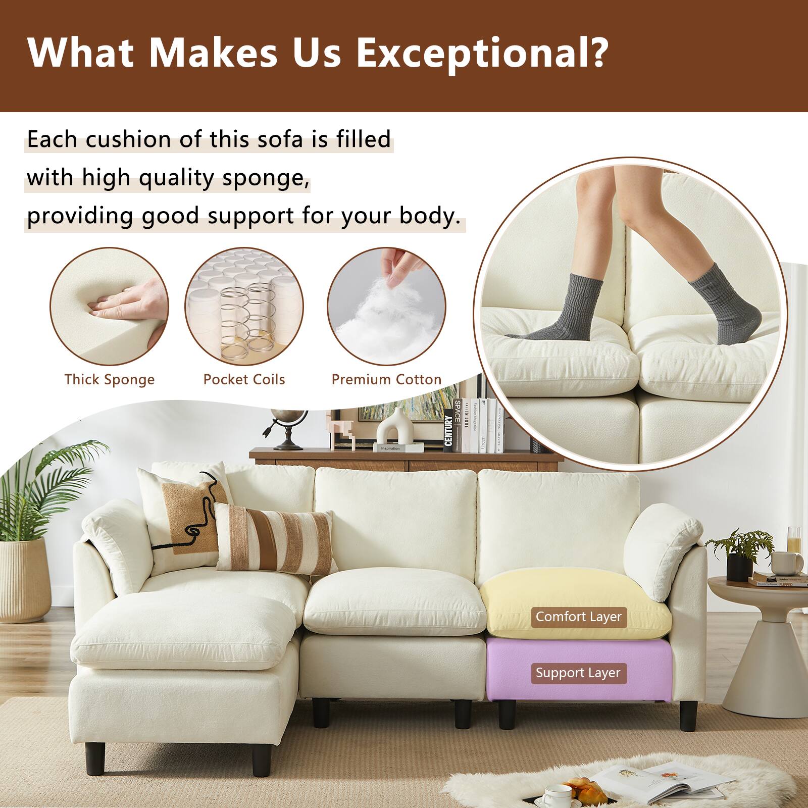 What Makes Us Exceptional?

Each cushion of this sofa is filled with high quality sponge, providing good support for your body.

- Thick Sponge
- Pocket Coils
- Premium Cotton

SPAC CENTURY

Comfort Layer
Support Layer
