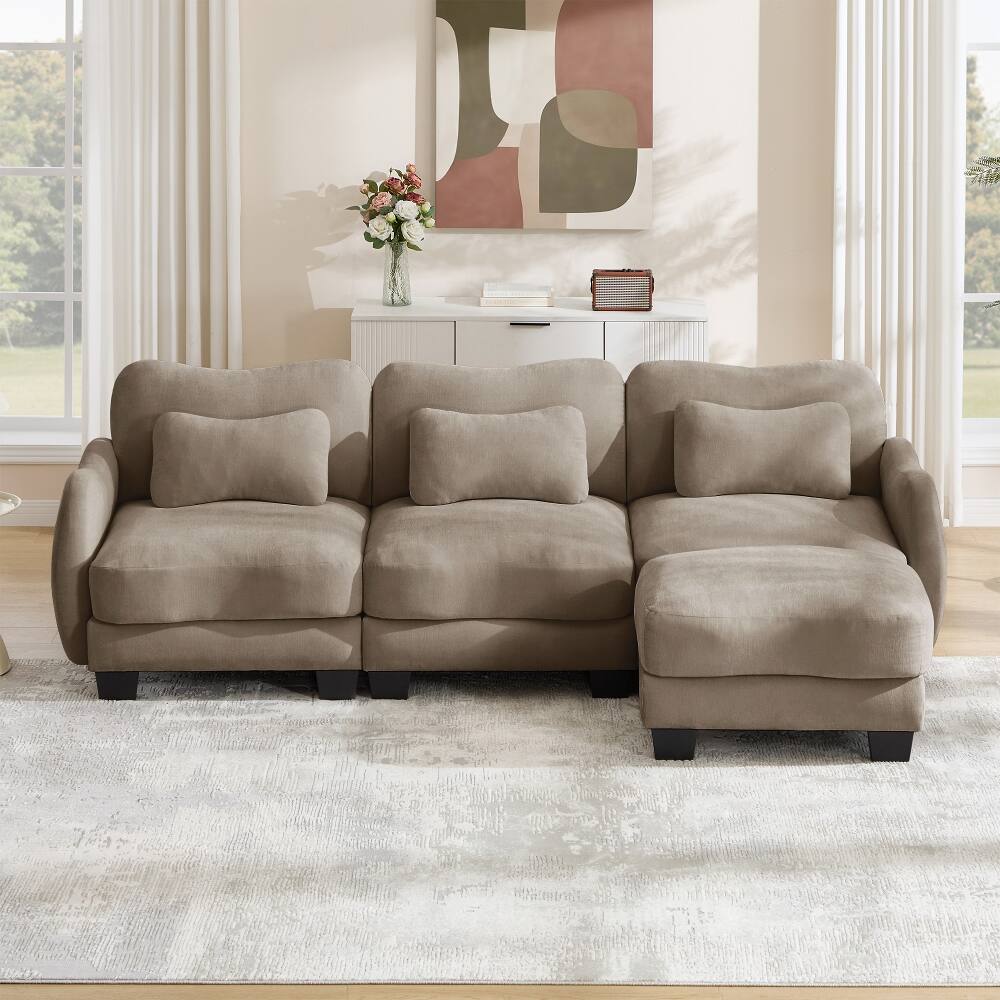 Left. Loheer - Loheer Chenille L-Shaped Sofa Oversized 3-Seater Sectional with Movable Ottoman and Waist Pillows Coffee - Coffee.