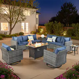 Ovios - 11 PCS Outdoor Patio Furniture Sectional Sofa with Swivel Chairs, Coffee Table & 42" Fire Pit Table - Denim Blue