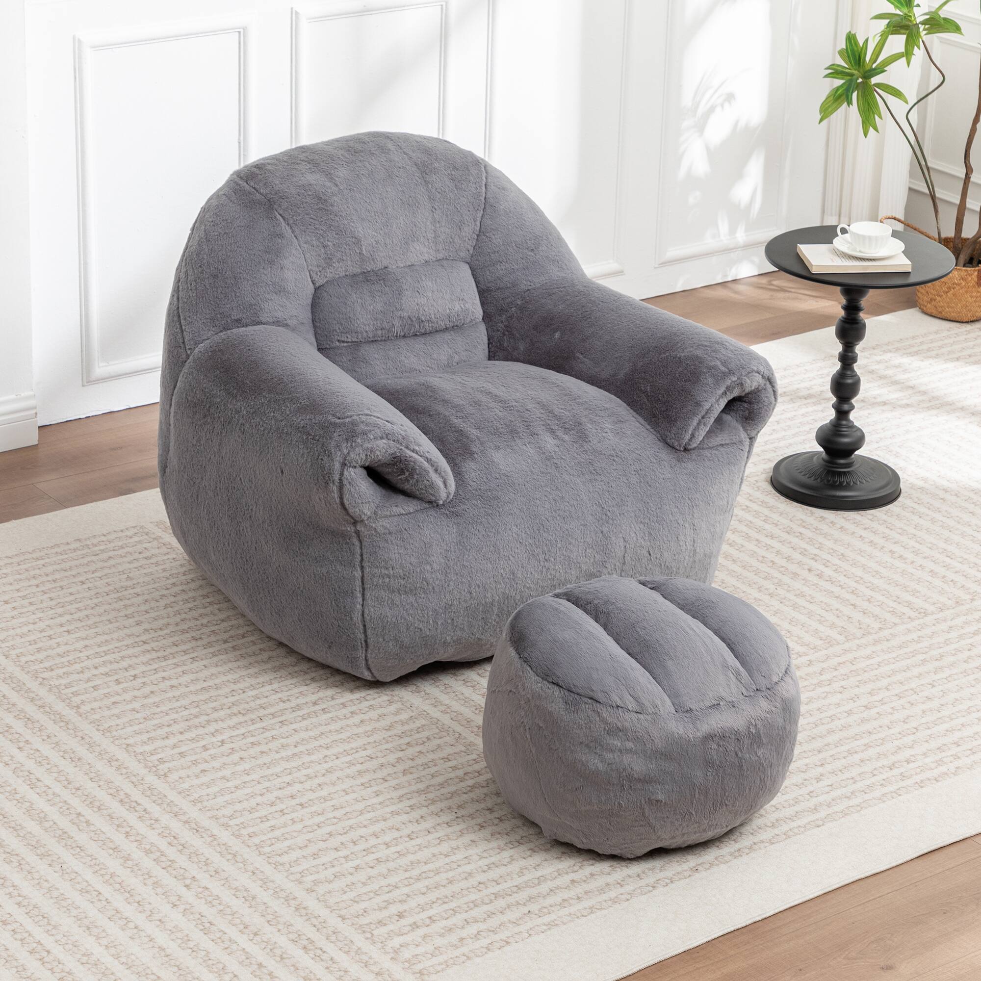Alt View 1. GOODSILO - Comfy Bean Bag Chair with Back Support & Footstool | Soft Faux Fur Floor Sofa for Adults & Kids - Dark Gray.