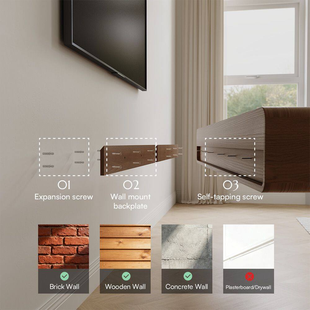 OI Expansion screw  
02 Wall mount backplate  
03 Self-tapping screw  

Brick Wall  
Wooden Wall  
Concrete Wall  
Plasterboard/Drywall