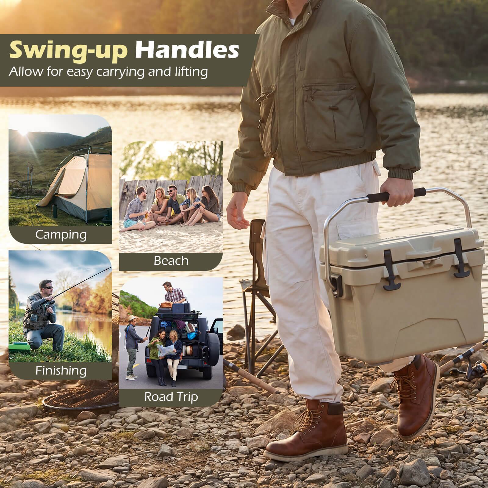 Swing-up Handles  
Allow for easy carrying and lifting

Camping  
Beach  
Finishing  
Road Trip