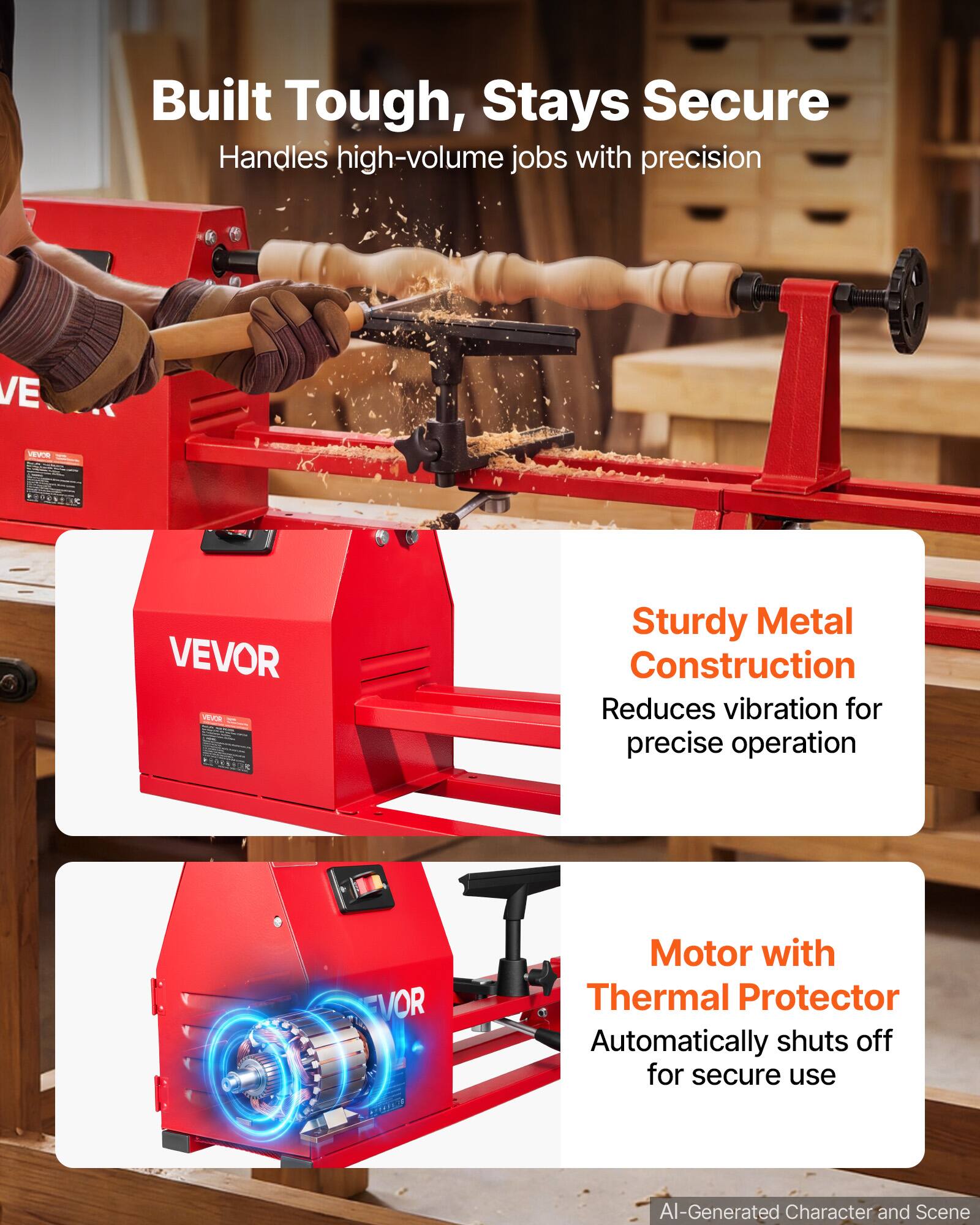 Built Tough, Stays Secure  
Handles high-volume jobs with precision  

Sturdy Metal Construction  
Reduces vibration for precise operation  

Motor with Thermal Protector  
Automatically shuts off for secure use  

AI-Generated Character and Scene