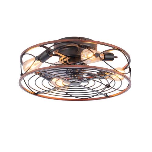 Alt View 5. LUCKY ONE - 20" Caged Ceiling Fan with Light Remote 6-Speed DC Motor Timer - Matte Black,Wood.