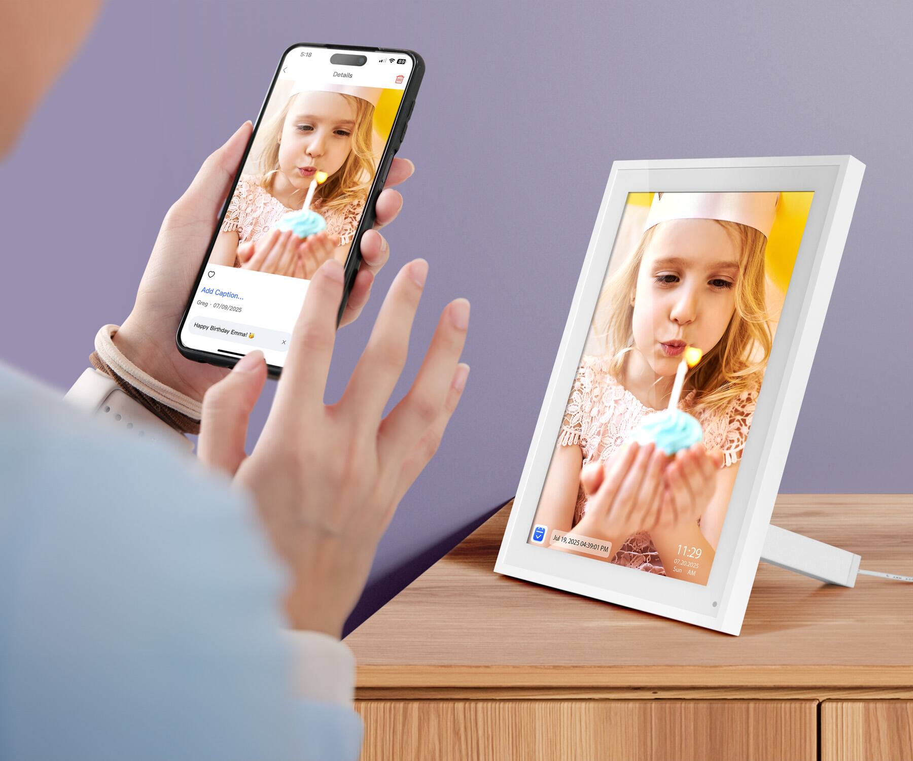 Sure, here is the corrected and grouped text from the image:

**On the Phone Screen:**
- Add Caption...
- Details
- Happy Birthday Emma 😊

**On the Frame:**
- 11:29
- Sun 7.20,2525
- 07/20/2023 09:00:25 PM
- 07/20/2023 09:00:25 AM