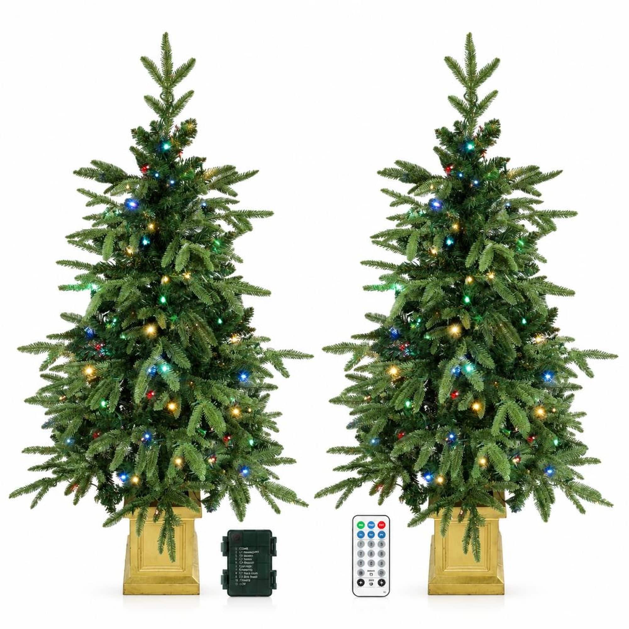 RYHNUYNE - 4FT Pre-Lit Aspen Fir Christmas Tree Set of 2 With Battery Dual-Color LED Lights and Remote, 11 Modes - Green