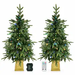 RYHNUYNE - 4FT Pre-Lit Aspen Fir Christmas Tree Set of 2 With Battery Dual-Color LED Lights and Remote, 11 Modes - Green