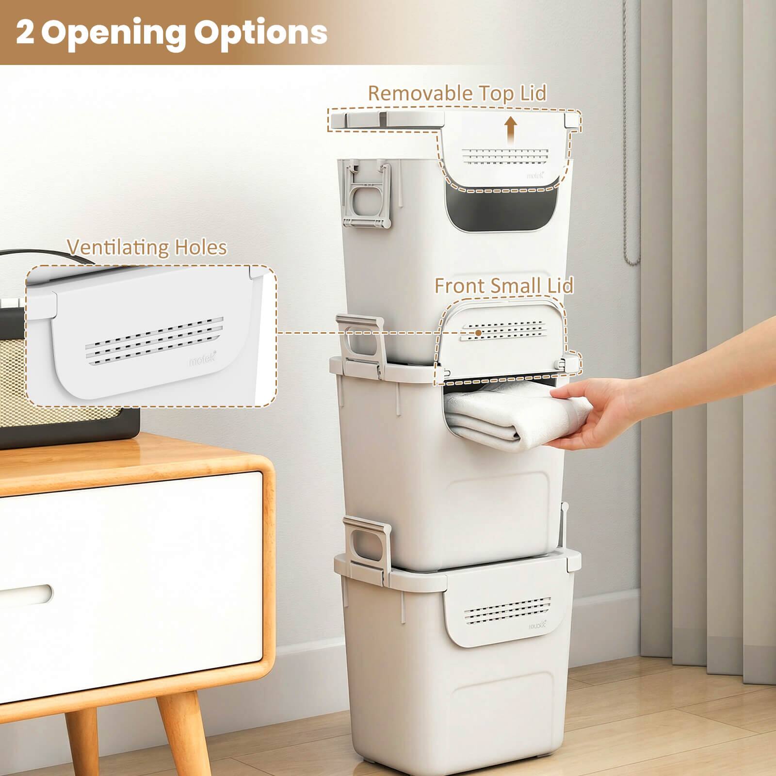 2 Opening Options  
- Removable Top Lid  
- Ventilating Holes  
- Front Small Lid