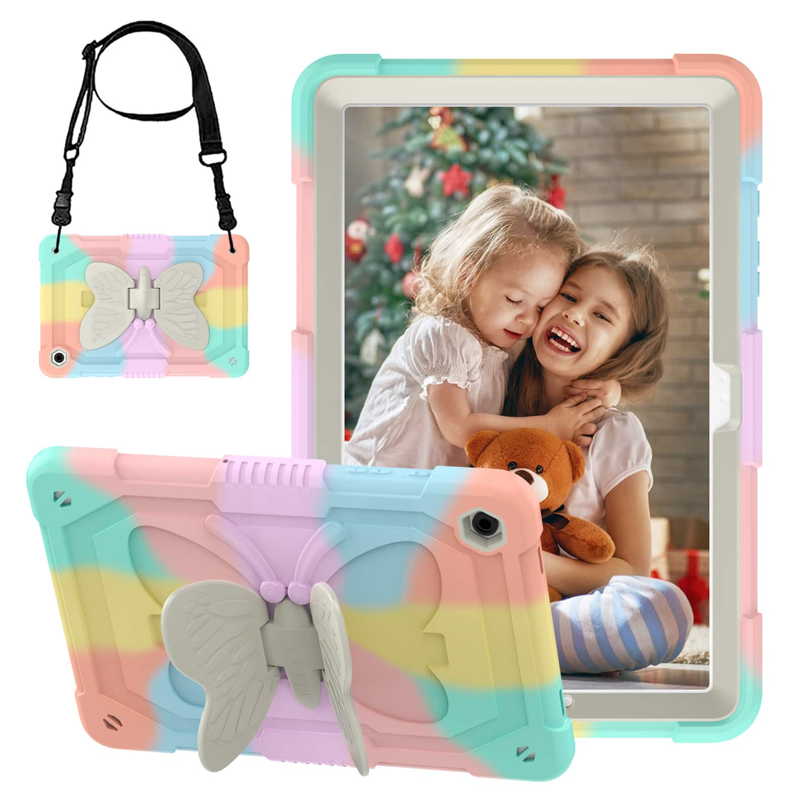 Dteck - for Samsung Galaxy Tab A11 Plus/A9+11 Inch Tablet Case, Kids-Friendly Butterfly Stand with Shoulder Strap - Rainbow