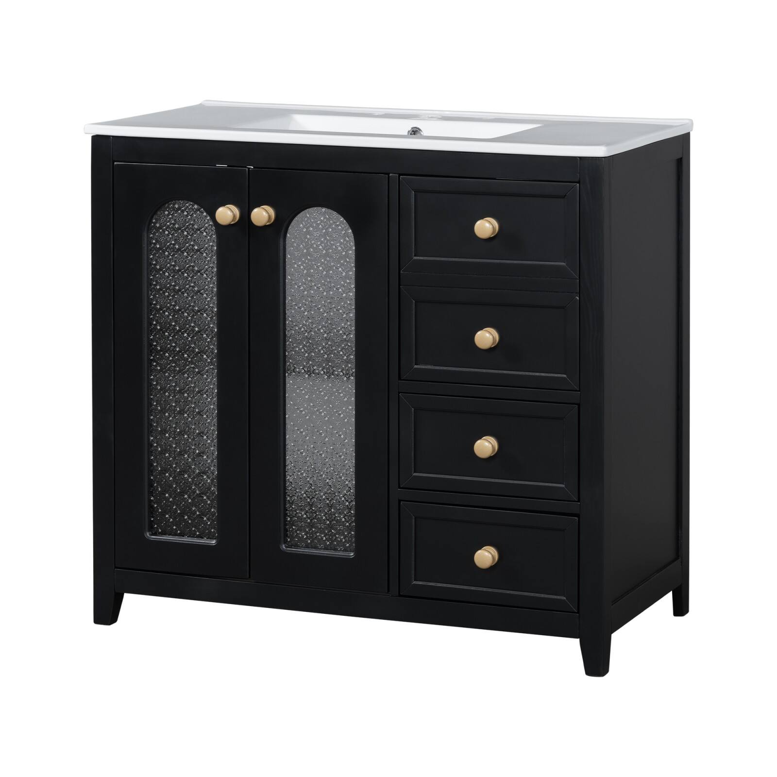 Front. Glintex - 36 Inch Bathroom Vanity with Ceramic Sink, 3 Drawers, Adjustable Shelf, and Soft-Close Doors - Black.