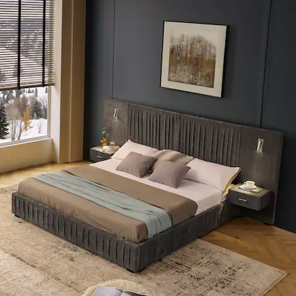 Front. Anysun - King Chenille Upholstered Platform Bed with Pleated Design & Headboard - Solid Frame, Side Table, No Box Spring Needed - Grey.