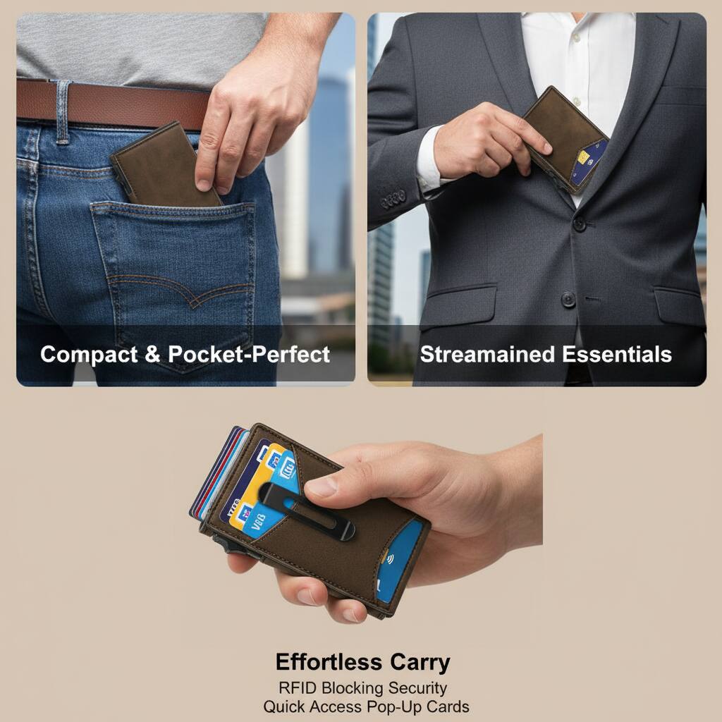 2030 Compact & Pocket-Perfect  
Streamlined Essentials  

Effortless Carry  
RFID Blocking Security  
Quick Access Pop-Up Cards
