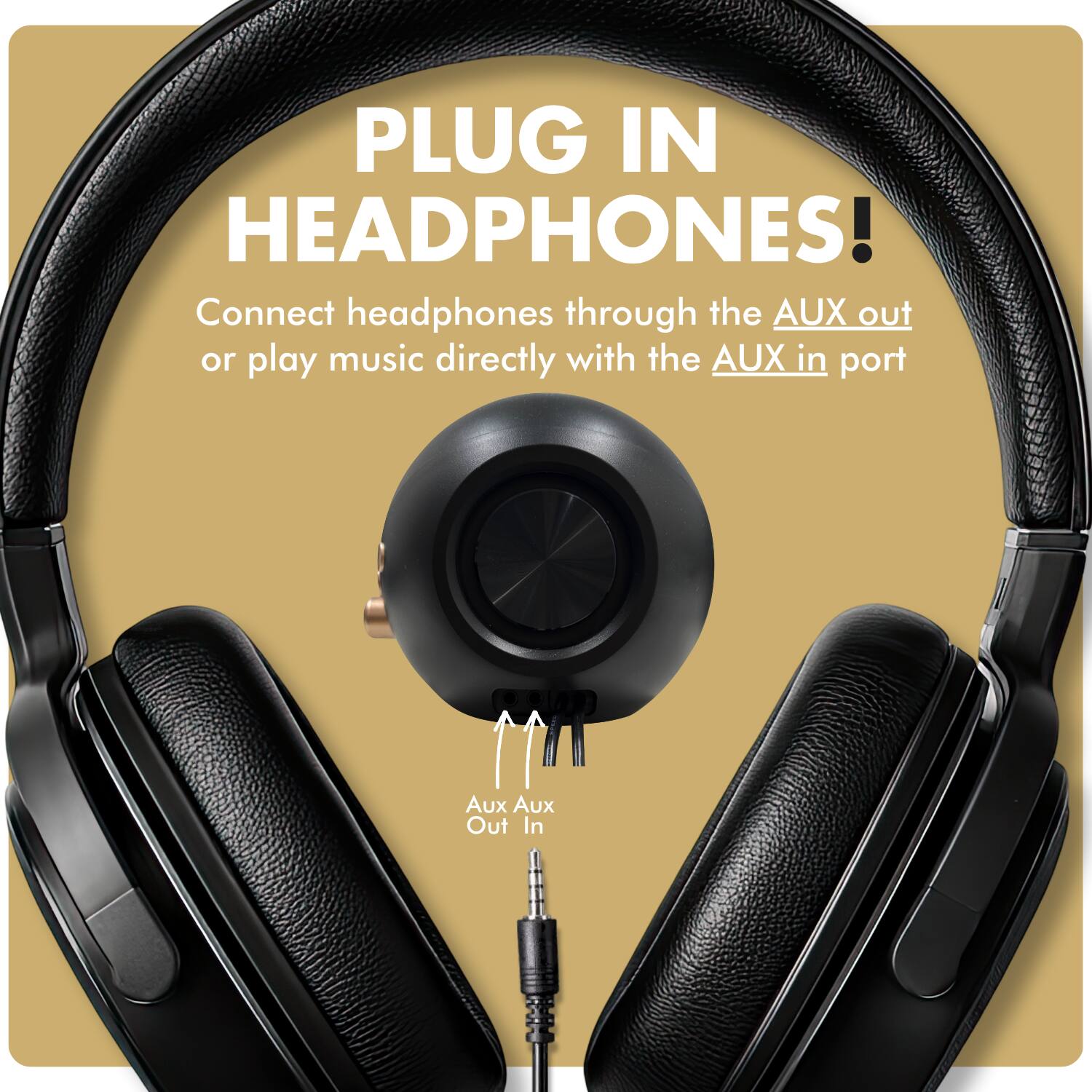 PLUG IN HEADPHONES!  
Connect headphones through the AUX out or play music directly with the AUX in port  

Aux Out  
Aux In