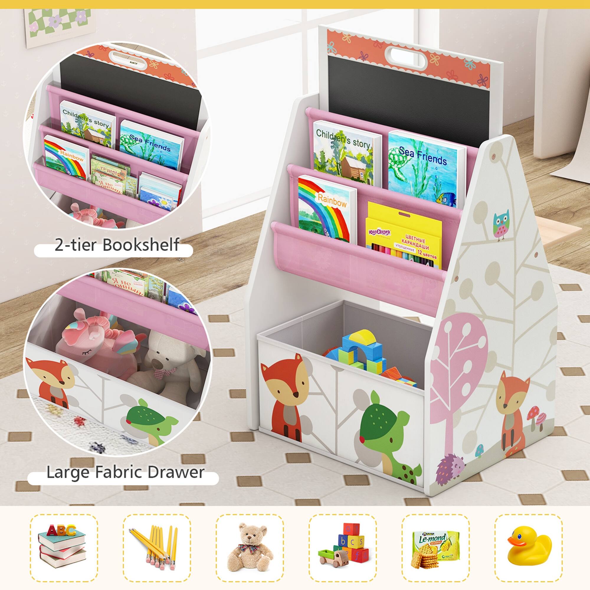 Children's story Rainbow Sea Friends 2-tier Bookshelf. Large Fabric Drawer.