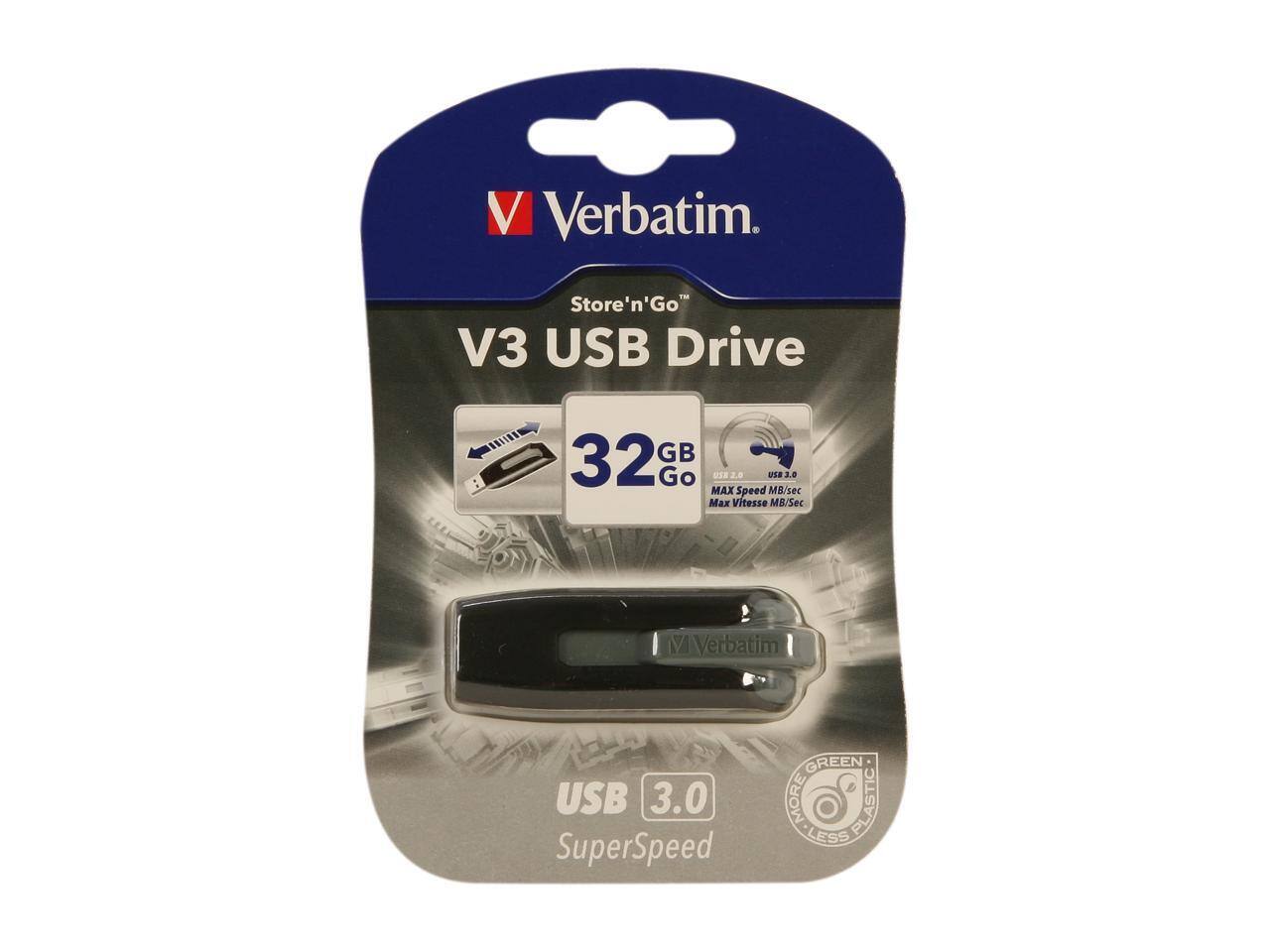 Verbatim Store'n'Go V3 USB Drive 32 GB  
USB 3.0  
SuperSpeed  
Max Speed: 100 MB/sec  
Max Vitesse: 100 MB/sec  
GREEN MORE PLASTIC LESS