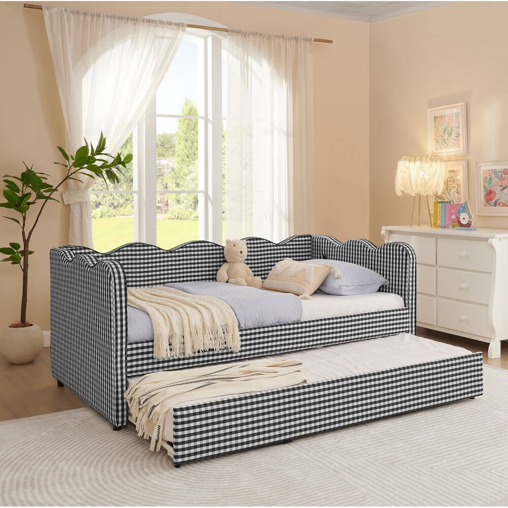 Alt View 1. JUJABU - Black Cozy Gingham Daybed with Twin Size Trundle No Box Spring Needed, with USB Port and Adorable Wave Shaped - Black.