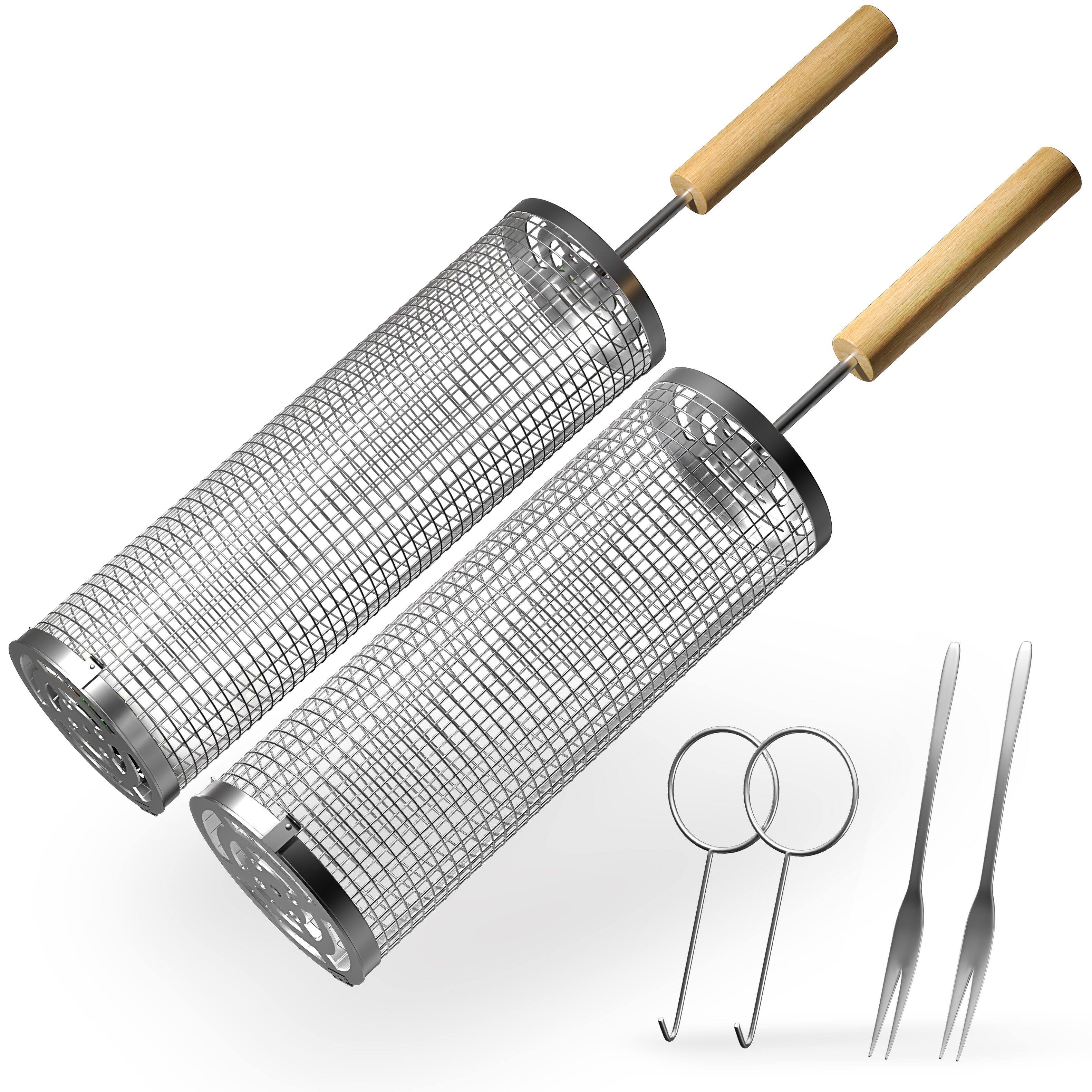 Alt View 6. Sorbus - Sorbus BBQ 2 Pack Rolling Grill Baskets with Removable Wooden Handle Stainless Steel Nesting Grilling Net - Silver.