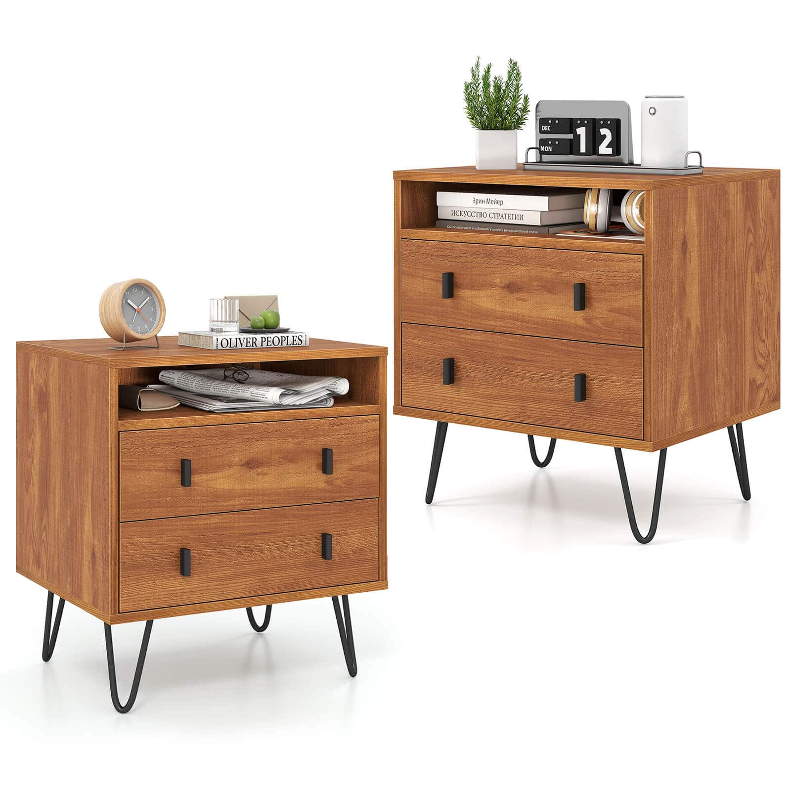 Costway - 2-Drawer Nightstand with Storage Compartment Metal Hairpin Legs for Bedroom - Walnut